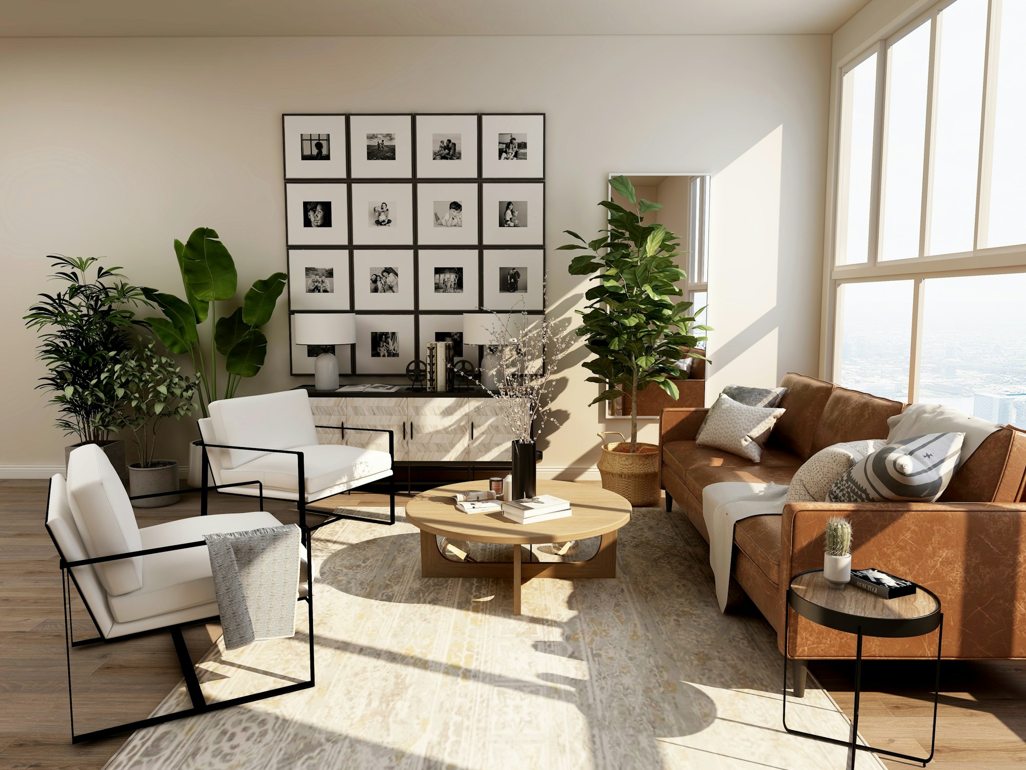 Salon lumineux aux matières naturelles, avec canapé en cuir et grandes fenêtres